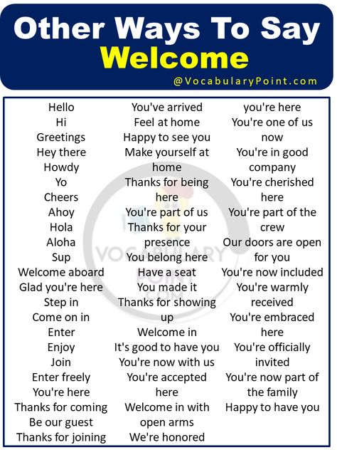 The concept of welcome is universal, yet the way we express it varies across cultures and languages. From a warm smile to a traditional gesture or even a heartfelt phrase, every society has its own unique way of extending hospitality. In this article, we will explore the diverse ways in which people around the world ... Read more The post Other Ways To Say Welcome appeared first on Vocabulary Point. Ways To Say Welcome, Toefl Vocabulary, Wiccan Crafts, Other Ways To Say, English Writing Skills, School Tips, Welcome To My Page, Words To Use, English Writing