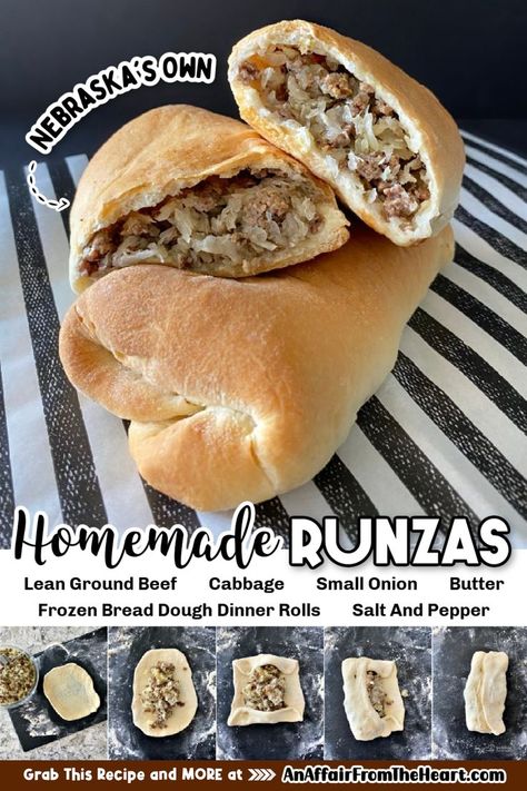 Runzas on a black and white napkin. One cut in half so you can see the inside. Homemade Runzas, Homemade Runza, Runzas Recipe, Runza Recipe, Frozen Bread Dough Recipes, Bierocks Recipe, Roll Dough Recipe, Frozen Dinner Rolls, Bread Dough Recipe