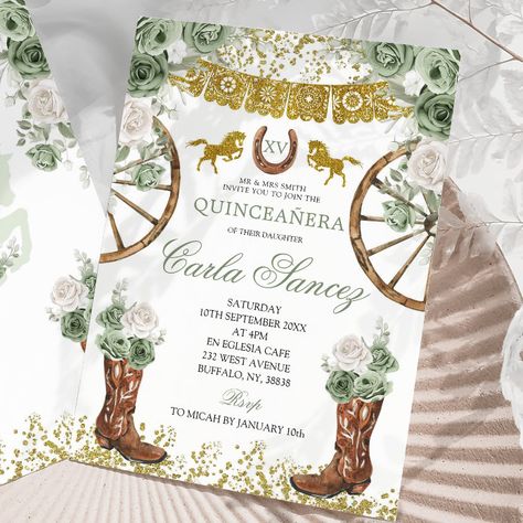 Western Gold and Sage Green Charra 15 Años Invitation - tap to personalize and get yours #Invitation #quincea&241;era #invitation, #western #mis #quince Sage Green Quinceanera Invitations, Western Quinceanera Ideas, Green Quinceanera Theme, Xv Ideas, Quince Stuff, Quinceanera Theme, Green Quinceanera, Green Quince, Quinceanera Themes Dresses