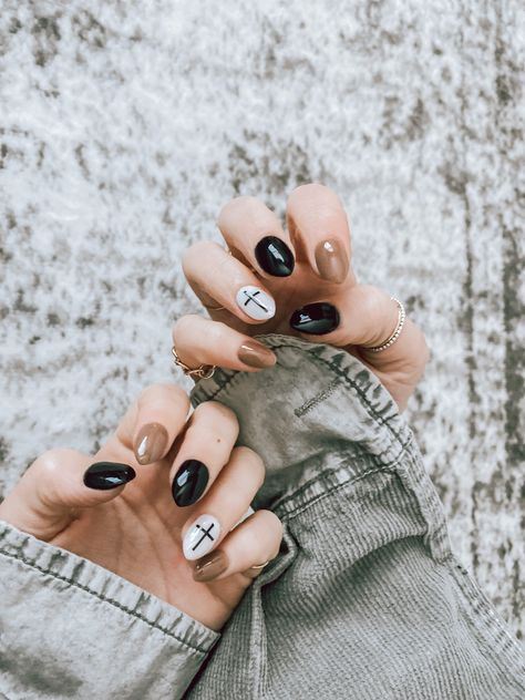 Nail Inspo With Cross, Black And Tan Nails Designs, Black And Beige Nails, Tan Nail Designs, Tan Nails, Neutral Nail, Mens Nails, Beige Nails, White Nail Designs