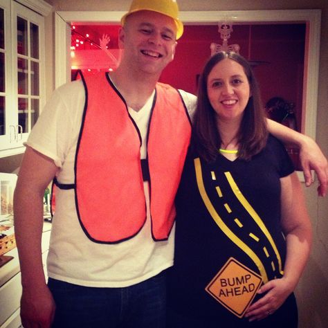 Our Halloween couple costume this year to incorporate my pregnant baby bump! "Bump Ahead" sign made in Photoshop plus some yellow electrical tape for me, a $4 safety vest from Harbor Freight Tools plus a construction hat from a party store for my husband! Easy and fun! Bump Ahead Halloween Costume, Baby Bump Halloween Costumes, Couple Halloween Costumes Pregnant, Adult Couple Halloween Costumes, Halloween Costumes Pregnant, Costumes Pregnant, Pregnant Costume, Cute Couple Halloween, Halloween Couple Costume