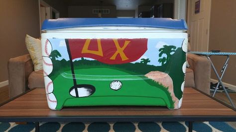 delta chi fraternity baseball golf cooler Golf Gift Baskets, Mountain Weekend Cooler, Painted Fraternity Coolers, Nola Cooler, Sorority Socials, Formal Cooler Ideas, Fraternity Coolers, Bucket List For Teens, Golf Ball Crafts