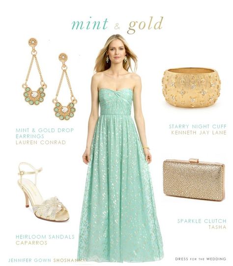 Mint and Gold Dress for Bridesmaids www.dressforthewedding.com Neon Prom Dresses, Mint And Gold, Mint Green Dress, Hijab Wedding Dress, Gold Wedding Dress, Gold Bridesmaid Dresses, Bridesmaid Colors, Gold Bridesmaids, Mint Dress