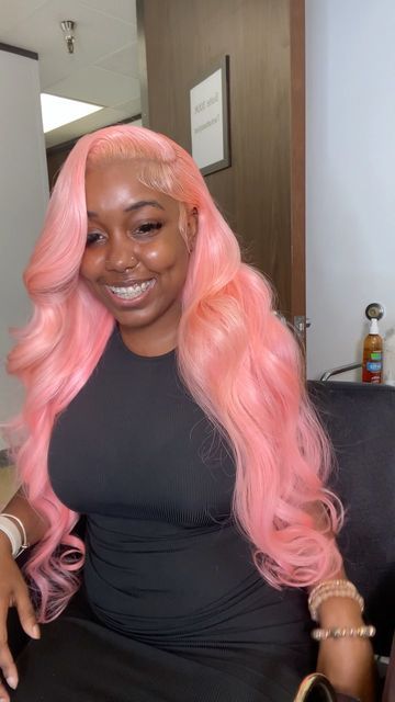 Pink Wig Install Black Women, Pink Updo Wig, Pink Lace Wig, Pink Hairstyles, Peach Hair Colors, Frontal Wig Hairstyles, Creative Hair Color, Wig Install, Dyed Hair Inspiration