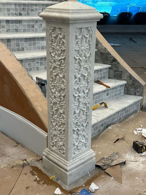 Marble pillar Marble Handicraft, Types Of Marble, Indoor Railing, Marble Pillar, Pillar Design, Morning Flowers, Stairs Design, Good Morning Flowers, Railing