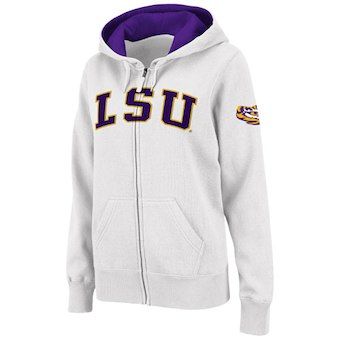 LSU Tigers Stadium Athletic Women's Arched Name Full-Zip Hoodie - White Fabric Applique, North Carolina Tar Heels, Auburn Tigers, Embroidered Fabric, Alabama Crimson Tide, Crimson Tide, White Hoodie, Full Zip Hoodie, Athletic Women