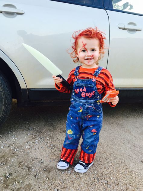 Toddler Chucky #diy #costume #halloween Chucky Makeup For Kids, Chucky Family Costume Ideas, Holloween Costume Ideas Chucky, Boys Chucky Costume, Chucky Halloween Costume Toddler, Baby Chucky Costume, Toddler Chucky Costume, Diy Chucky Costume, Chucky Costume For Kids