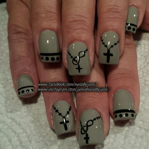 #nails                                                                                                                                                                                 More Rosary Nail Art, Cross Nail Art Designs, Nail Designs With Crosses, Cross On Nails, Western Nails Fall, Christian Nails Designs, Classy Nails Fall, Fall Classy Nails, Christian Nail Art