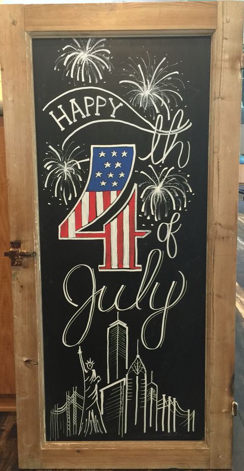 4th of July chalkboard July Drawing Ideas, Fourth Of July Chalkboard, Summer Chalkboard Art, Summer Chalkboard, Blackboard Art, Chalk Sign, Chalkboard Drawings, Chalkboard Lettering, Chalkboard Designs