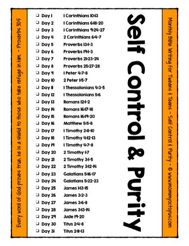 Printable Scripture Writing Plan for Teens Self-Control Scriptures On Purity, Bible Plans For Teenagers, Bible Reading Plan For Teens, Bible Study For Teens, Topical Bible Reading Plan, Scripture Plans, Free Printable Scripture, Bible Plans, Scripture Writing Plan