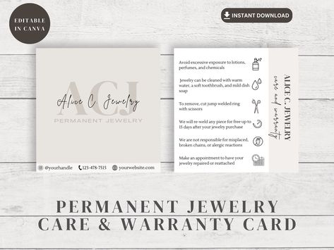 Permanent Jewelry Care and Warranty Card, Permanent Jewelry Business, Permanent Bracelet, Jewelry Starter Documents, Editable Canva Template by Thelinenpaper on Etsy Permanent Bracelet Jewelry, Permanent Jewelry Business, Permanent Bracelet, Jewelry Business Card, Jewelry Care Card, Permanent Jewelry, Care Card, Jewelry Repair, Sign Templates