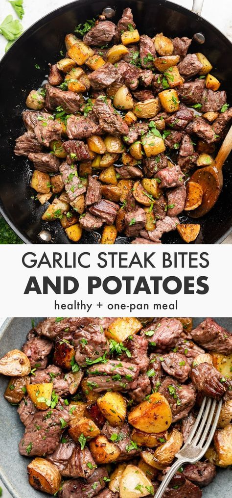 Garlic Butter Steak Bites and Potatoes Butter Steak Bites And Potatoes, Steak Bites And Potatoes, Ways To Cook Steak, Garlic Butter Steak Bites, Butter Steak Bites, Steak Dinner Recipes, Steak And Potatoes, Garlic Steak, Butter Steak