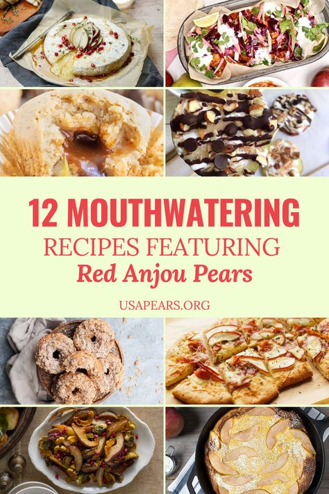 Have you ever tried red anjou pears in the kitchen? We share 12 creative ways to use pears, specifically the red anjou pears! You'll find unique recipes such as pear tacos, baked brie with pears, pear muffins, pear breads, and more. These recipes are a great way to use ripe pears and discover new dinner recipes, breakfast ideas, and more. Be sure to try out these pear desserts such as yogurt popsicles and crumb donuts. Save this pin to try these pear recipes now! Brie With Pears, New Dinner Recipes, Tacos Baked, Pear Desserts, Pear Dessert Recipes, Ginger Muffins, Pear Muffins, Pear Bread, Ripe Pears