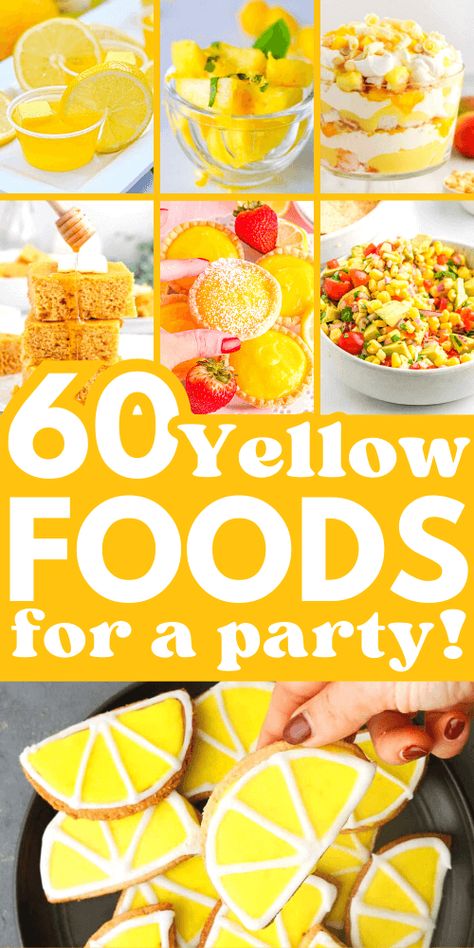 yellow foods for a color party Sunshine Food Ideas, Yellow Appetizers, Color Party Food Ideas, Yellow Foods For Party, Color Party Food, Yellow Party Foods, Yellow Drinks, Yellow Desserts, Yellow Picnic