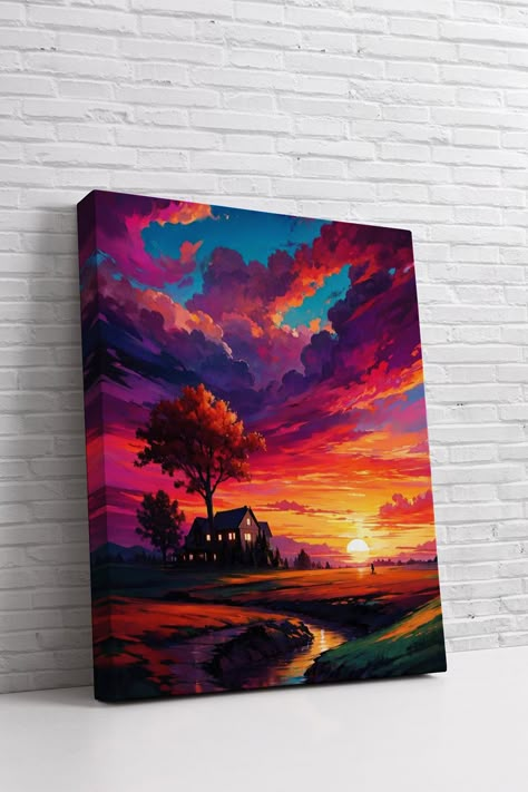 Dramatic canvas print depicting a fiery sunset sky, lone tree, and serene house, set against a clean white brick backdrop for contemporary appeal. Canvas Painting For Gift, Canvas Painting Nature, Painting For Gift, Serene Landscape, Sunset Canvas, Landscape Art, Canvas Painting, Canvas Print, Wall Decor