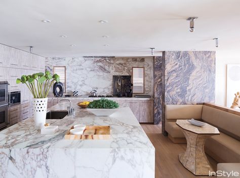 mixed media - marble and tessellated stone. At Home with Kelly Wearstler - The Kitchen from InStyle.com Celebrity Kitchens, Kelly Wearstler Interiors, His And Hers Sinks, Malibu Beach House, Malibu Home, Sunken Living Room, Walnut Floors, Classic Kitchen, Dining Nook