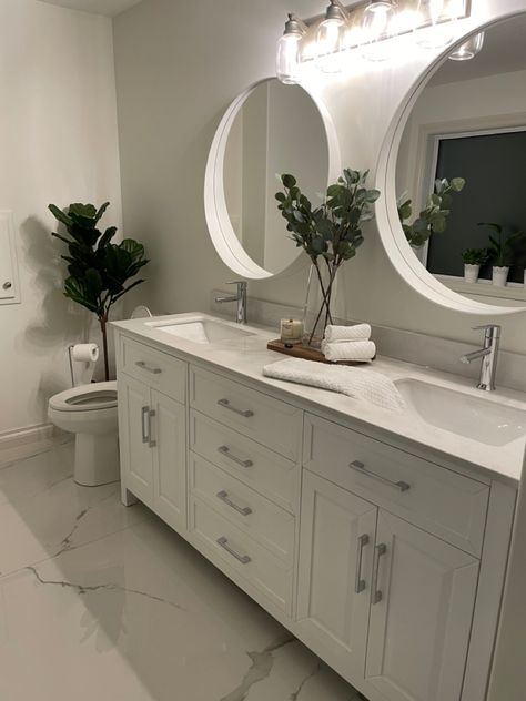 Guest Bathroom Silver Hardware, Gray Silver Bathroom Ideas, Double Vanity Countertop Decor, White Bathroom Silver Hardware, Bathroom Decor With Silver Fixtures, White Bathroom Cabinets Silver Hardware, Silver Accent Bathroom, White Bathroom Vanity Silver Hardware, Silver And White Bathroom Decor Ideas