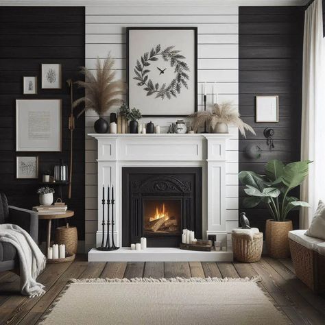 20+ Black Shiplap Fireplace Ideas That Blend Warmth And Style - My Besuited Home Black Farmhouse Fireplace Ideas, Dark Shiplap Fireplace Wall, Black Stained Shiplap, Charcoal Shiplap Fireplace, Black Built In Bookcase Fireplace, Shiplap On Fireplace Wall, White Fireplace With Black Built Ins, White And Black Fireplace Ideas, Black Mantel Decorating Ideas