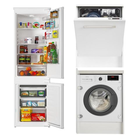 Dishwasher And Washing Machine Kitchen, Washing Machine Stacked, Washing Machine And Dishwasher Stacked, Stacking Washing Machine And Tumble Dryer, Parallel Kitchen Design, White Fridge, Bosch Dishwasher 800, White Fridges, Essential Products