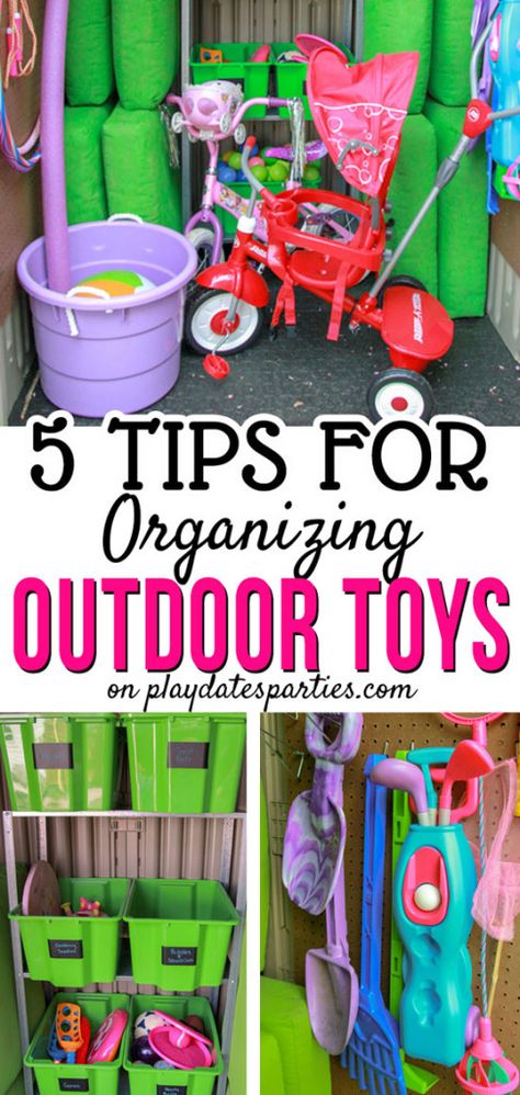 Garage Organization Kids Stuff, Outdoor Toy Organization, Kids Crafts Organization, Diy Outdoor Toys, Organising Tips, Outdoor Toy Storage, Organize Ideas, Kids Yard, Outdoor Organization