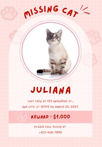 😄==> Download Free Template On Canva Link HERE : https://www.canva.com/p/itim2101/ <==😄 pink,cute,lost,cat,pet,animal,missing,wanted,find,reward Missing Cat Poster Template, Lost Cat Poster, Missing Cat Poster, Animal Templates, Cat Poster, Lost Cat, Cat Posters, Pink Pastel, Cat Pet