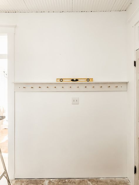 DIY Peg Rail for Function and Style - Midcounty Journal Armoire In Front Of Window, Peg Rail In Bedroom, Entry Way Peg Rack, Hallway Peg Rail, Mudroom With Peg Rail, Double Row Hooks Mudroom, Peg Rail Shelf Diy, Entry Peg Rail, Diy Entry Hooks