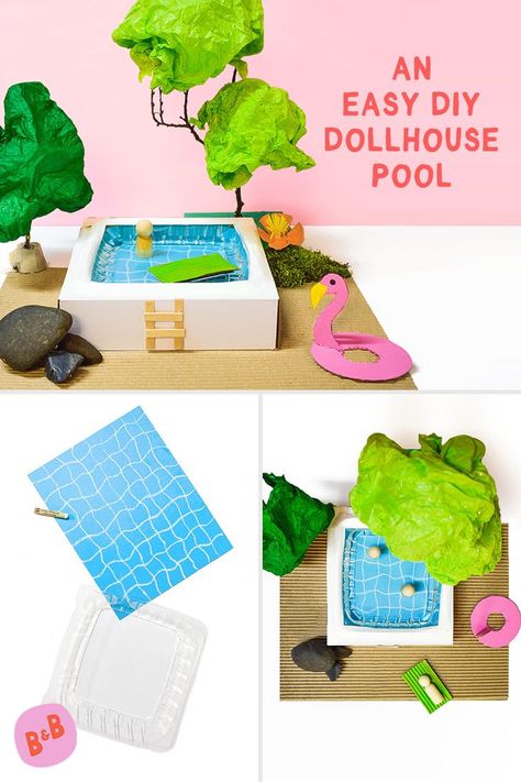 How to make a DIY miniature swimming pool summer small world play setup Swimming Pool Crafts Preschool, Miniature Swimming Pool Diy, Dollhouse Swimming Pool, Swimming Pool Craft, Diorama House Diy, Diy Doll Pool, Play Activity For Preschoolers, Easy Diorama, Miniature Pool