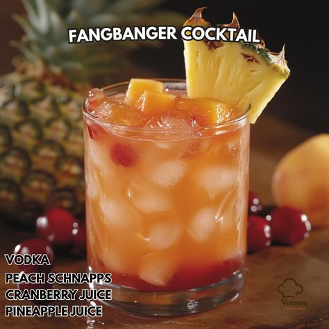 1. Get your fangs into the Fangbanger Cocktail, a tantalizing blend of flavors that'll make your tastebuds dance! 2. Fangbanger Cocktail 3. Ingredients: - Vodka (1.5 ounces) - Peach Schnapps (1 ounce) - Cranberry Juice (1.5 ounces) - Pineapple Juice (1 ounce) - Grenadine (a splash) 4. Instructions: - Fill a shaker with ice. - Pour in the vodka, peach schnapps, cranberry juice, and pineapple juice. - Shake well until thoroughly mixed. - Strain the mixture into a glass. - Top it off ... Pineapple Cranberry Drink, Pineapple Juice And Vodka Drinks, Vodka Drinks With Pineapple Juice, Cranberry Vodka Recipe, Vodka Pineapple Cranberry Drink, Vodka And Pineapple Juice Cocktails, Cozy Fall Recipes, Cranberry Vodka, Vodka Recipes