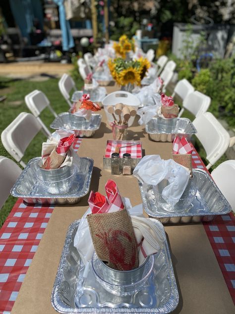 Our Family Seafood Boil 2020 Crabboil Seafood Boil, Seafood Boil 40th Birthday, Huge Seafood Boil, Low Country Boil Wedding Rehearsal, Low Country Boil Centerpieces, Christmas Seafood Boil, Crawfish Boil Table Set Up, Crab Boil Birthday Party Ideas, Seafood Dinner Party Decorations