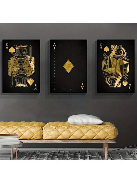 3pcs Canvas Poster, Modern Art, Black Gold Poker Canvas Painting Wall Art, Diamond Ace Of Spades Painting, Ideal Gift For Bedroom, Living Room, Kitchen, Hallway, Wall Art, Wall Decor, Autumn Decoration, Room Decoration, No FrameI discovered amazing products on SHEIN.com, come check them out! Hallway Wall Art, Games Room, Painting Wall Art, Wall Art Canvas Painting, Diy Canvas Art, Painting Wall, Diy Canvas, Art Black, Room Kitchen