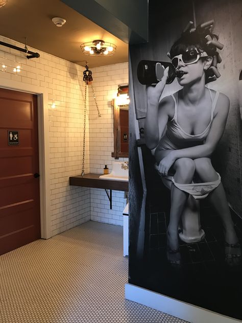 Restaurant Bathroom Door Ideas, Ladies Toilet Ideas, Edgy Restaurant Design, Bar Bathroom Decor, Cool Bar Bathrooms, Bathroom Door Wallpaper, Bar Bathroom Aesthetic, Restaurant Bathroom Ideas, Speakeasy Bathroom