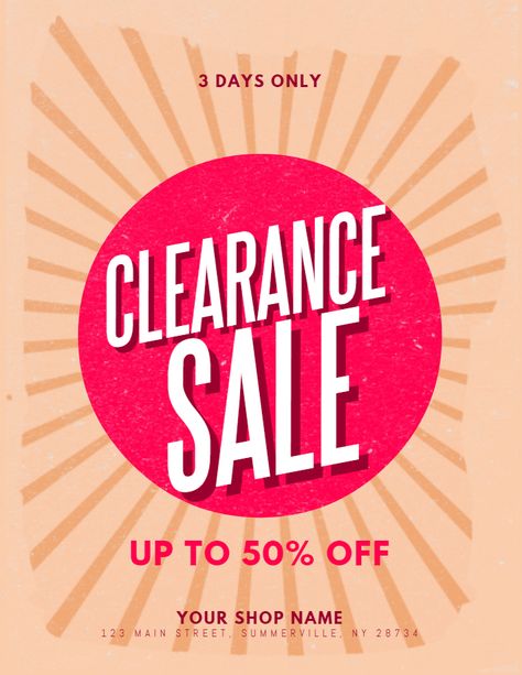 Clearance sale retail offer flyer social media graphic design template. Clearance Sale Poster Design, Retail Promotion Ideas, Sales Poster Design, For Sale Sign Design, Sale Creative Ads, Sale Design Graphics Ideas, Clearance Sale Banner, Bye Images, Clearance Sale Poster