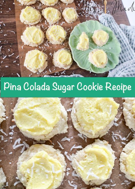 These Pina Colada Sugar cookies are a tropical treat featuring a soft and chewy coconut base topped with a fresh pineapple frosting.

#pinacolada #cookies #recipe #mrsmadi Pina Colada Cookies Recipe, Tropical Sugar Cookies, Pina Colada Cookies, Pineapple Sugar Cookies, Pineapple Frosting, Pineapple Sugar, Coconut Drinks, Sugar Cookie Recipe, Fresh Pineapple