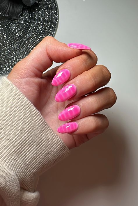 Pink Design Acrylic Nails, Pink Vacation Nails Almond, Barbie Pink Almond Acrylic Nails, Pink Croc Nails Almond, Pink Luminary Nails, Pink Nail Inspo Almond, Bold Nails, Pink Croc Nails, Almond Bright Pink Nails