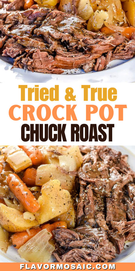 The whole family will love this Tried & True Crock Pot Chuck Roast Recipe. The entire dinner cooks together in the slow cooker so you can simply load all the ingredients into your Crock Pot in the morning and have a hot meal ready for you at the end of the day, with only one thing to wash up! With roasted potatoes, carrots, and onions, is so juicy, tender, and flavorful, no one would ever believe how easy it is to make dinner in the slow cooker! Roasted Potatoes Carrots And Onions, Chuck Roast Crock Pot Recipes, Roasted Potatoes Carrots, Beef Roast Recipe, Crock Pot Chuck Roast, Roast Beef Crock Pot Recipes, Crockpot Pot Roast, Crockpot Roast Recipes, Pot Roast Crock Pot Recipes