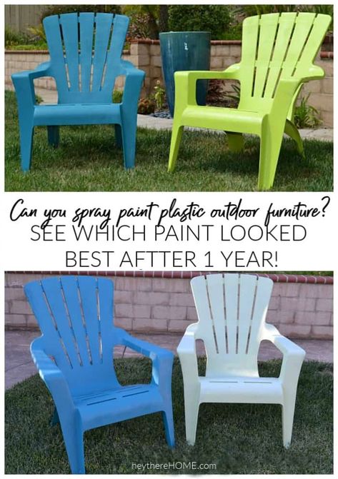 Find out which paint worked best for painting plastic outdoor furniture. #outdoorliving #paint #spraypaint #diy #diydecor #outdoordecor #patiofurniture #patiodecor #summerdecor #springdecor #backyard Painting Plastic Chairs, Plastic Outdoor Furniture, Spray Paint Plastic, Paint Plastic, Plastic Chairs, Plastic Crates, One Year Later, Plastic Adirondack Chairs, Crate Furniture