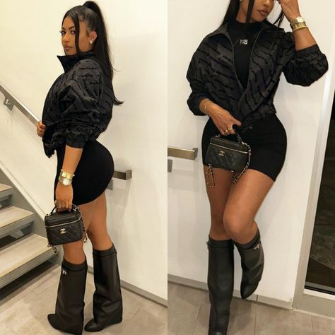 Shark Lock Boots Outfit Baddie, Foldover Boots Outfit Black Women, Shark Boots Outfit Black Women Winter, All Black Date Night Outfit Winter, Givenchy Shark Boots Outfit Black Women, New Years Outfit Ideas Black Women, Alexander Wang Outfit Black Women, Black Boots Outfit Black Women, Women New Years Outfit