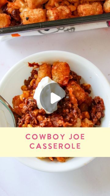 Taryn Camp on Instagram: "I’m calling this Cowboy Joe Casserole bc it just feels fun 

* 1 pound of ground beef
* 1 small onion, finely chopped
* 1 can (15 oz) sloppy joe sauce
* 1 tbsp Worcestershire sauce
* 1 can (15 oz) corn, drained
* 1 cup shredded cheddar cheese
* 1 bag of frozen tater tots (28 oz or more)
* Ketchup or sour cream for serving

1. Preheat your oven to 400 degrees.
2. In a large skillet over medium heat, cook the ground beef and onion until the beef is brown and the onion is softened, about 7-10 minutes. Drain any excess fat.
3. Stir in the sloppy joe sauce and Worcestershire sauce. Cook for another 2-3 minutes or until heated through.
4. Spread the beef mixture evenly in a greased 13 x 9 dish. Top the beef with the drained corn and then sprinkle with cheddar cheese.
5. Casserole With Potatoes, Frozen Tater Tots, Sloppy Joe Sauce, Cowboy Casserole, Mexican Casserole, Shredded Cheddar Cheese, Enchilada Casserole, Sloppy Joe, Tater Tots