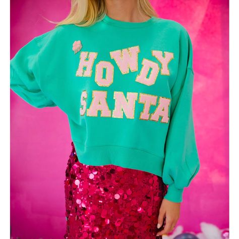 Howdy Santa Mint Pullover, M, Judith March Saddle Up For Some Western-Style Fun With This Mint Howdy Santa Pullover! This Oversized Cropped Style Is Perfect For A Warm Night Out, And Features The Cutest Pink Letters And Beaded Cowboy Hat Patch. Cozy, Playful, And Perfect For The Holidays! Brand New, Never Worn. Holidays Santa Christmas Christmas Swag Beaded Cowboy Hat, Pink Letters, Hat Patch, Christmas Swag, Judith March, Hat Patches, Pink Letter, Christmas Swags, Cropped Style