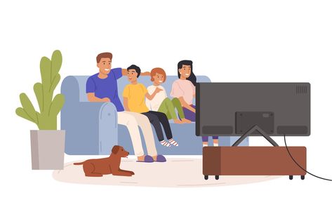 Family Watching Tv, Watching Tv Together, Cartoon Tv, Geometric Background, Flat Illustration, Watching Tv, Happy Family, Home Entertainment, Cozy Living Rooms