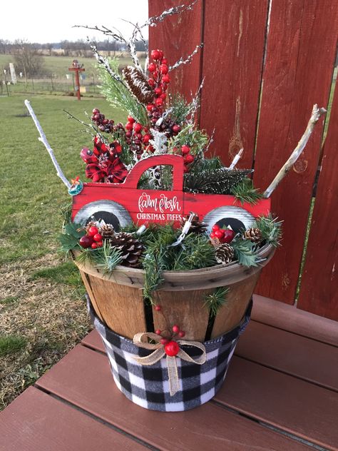 Country Christmas Porch, Coal Bucket Christmas Decor, Red Truck Floral Arrangement, Red Truck Christmas Floral Arrangement, Porch Planter, Christmas Planter, Christmas Floral Designs, Holiday Decor Ideas, 2023 Crafts