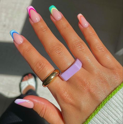 Multi color nails  nails French tip nails multi color acrylic nail art Color French Tip Nails, Color French Tip, Uñas Ideas, Bday Nails, Easy Nails, French Tip Acrylic Nails, Simple Acrylic Nails, Cute Gel Nails, Blue Nail