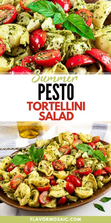 This summer pesto tortellini salad makes a delicious potluck recipe or summer side dish! This quick and easy side features tender tortellini, fresh basil pesto, juicy grape tomatoes, and creamy mozzarella pearls, this salad is a must-try for any pasta lover. Pasta salad is a classic side dish and this recipe has a unique tangy twist! Click through to the blog for all the details. Tortellini Pesto, Pesto Tortellini Salad, Garden Gathering, Vegetable Pasta Salads, Completely Delicious, Pesto Tortellini, Pesto Salad, Pesto Dressing, Pasta Salad With Tortellini