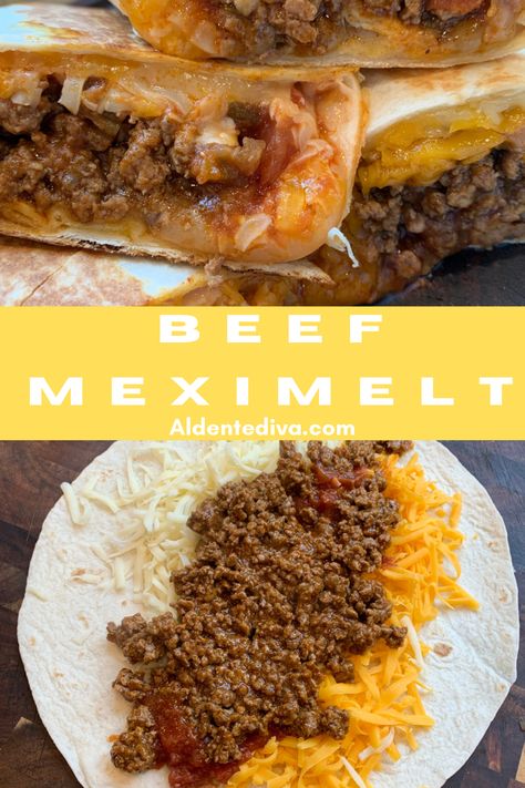 Beef Meximelt Ground Beef And Tortilla Recipes, Mexican Food Recipes Ground Beef, Burrito Recipe Beef, Beef Meximelt, Ground Beef Mexican Recipes, Taco Bell Enchirito, Taco Bell Beef, Mexican Burritos, Beef Burrito Recipe