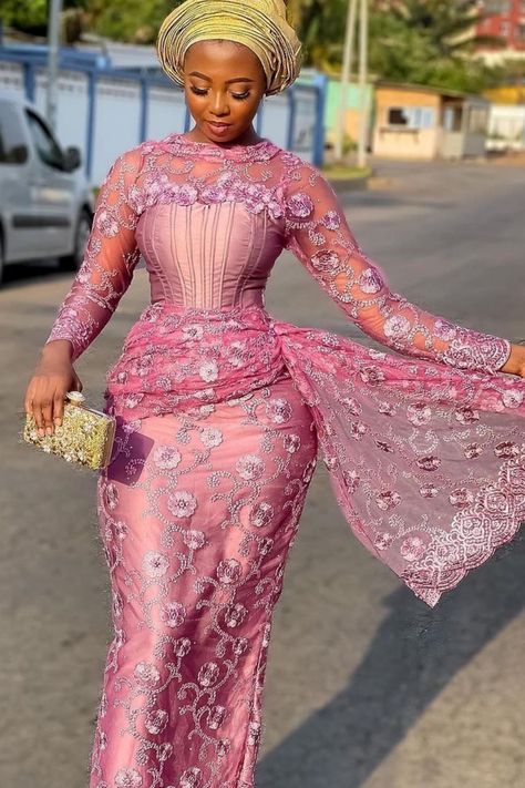 Beautiful asoebi Gown style Latest Lace Styles, Pink Evening Gowns, Nigerian Lace Styles Dress, Nigerian Lace Styles, African Lace Styles, Lace Gown Styles, African Print Dress Designs, Lace Dress Styles, African Lace Dresses