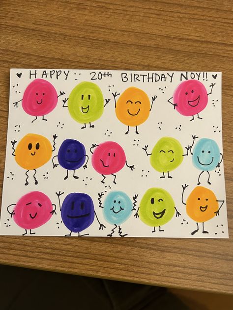 Birthday Card From Class To Teacher, Watercolor Smiley Face, Smiley Face Card, Happy 20th Birthday, Calligraphy Doodles, Finger Art, Volunteer Appreciation, 20th Birthday, School Lessons