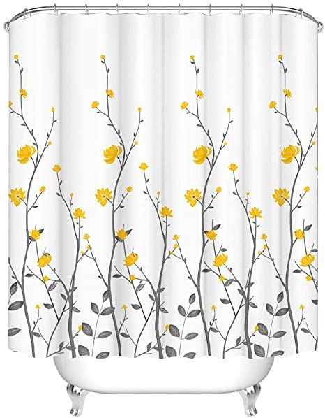 White Shower Curtain Bathroom, White Pattern Fabric, Yellow Grey Bathroom, Flowers Bathroom, Solid Color Shower Curtain, Yellow Shower Curtains, Shower Rooms, Waffle Weave Shower Curtain, Curtains Bathroom