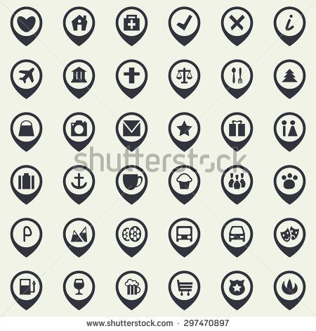 Vector illustration of set of map markers, city activity and entertainment locations pins - stock vector Map Logo, Marker Icon, Map Creator, Map Symbols, Map Making, Location Pin, Map Marker, Map Icons, Location Icon