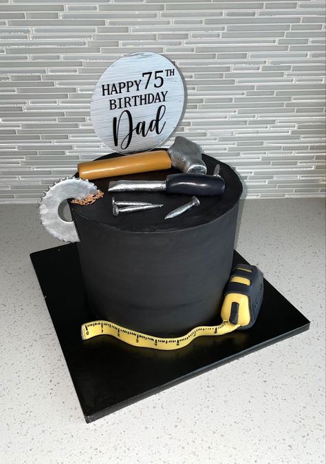 Construction Cake Ideas For Men, Handy Man Cake Ideas, 75 Th Birthday Cake For Men, Tools Cake For Men, Construction Birthday Cake For Men, 75th Birthday Cake For Dad, Chainsaw Cake, Handyman Cake, Construction Themed Cake