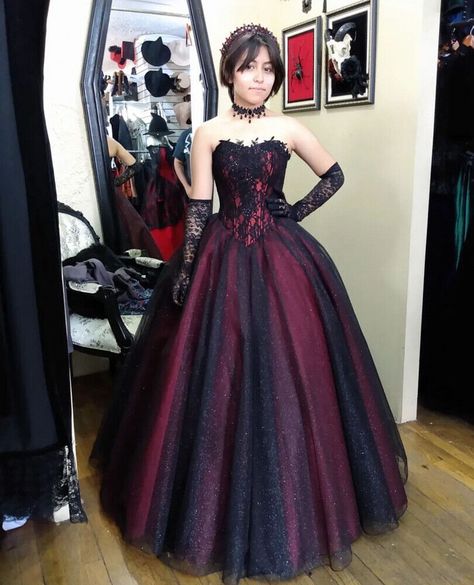 Red Black Gold Dresses, Black Prom Dress With Red Accents, Red Ball Gowns Prom, Wedding Gothic Dress, Goth Homecoming Dresses, Goth Sweet 16 Dress, Red And Black Goth Prom Dress, Ballgown Formal Dress, Ruby Red Dress Gowns